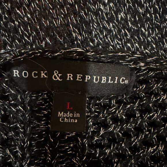 Rock & Republic Womens Mesh Tunic Sweater L Black Metallic Crochet Knit Top - Picture 3 of 9